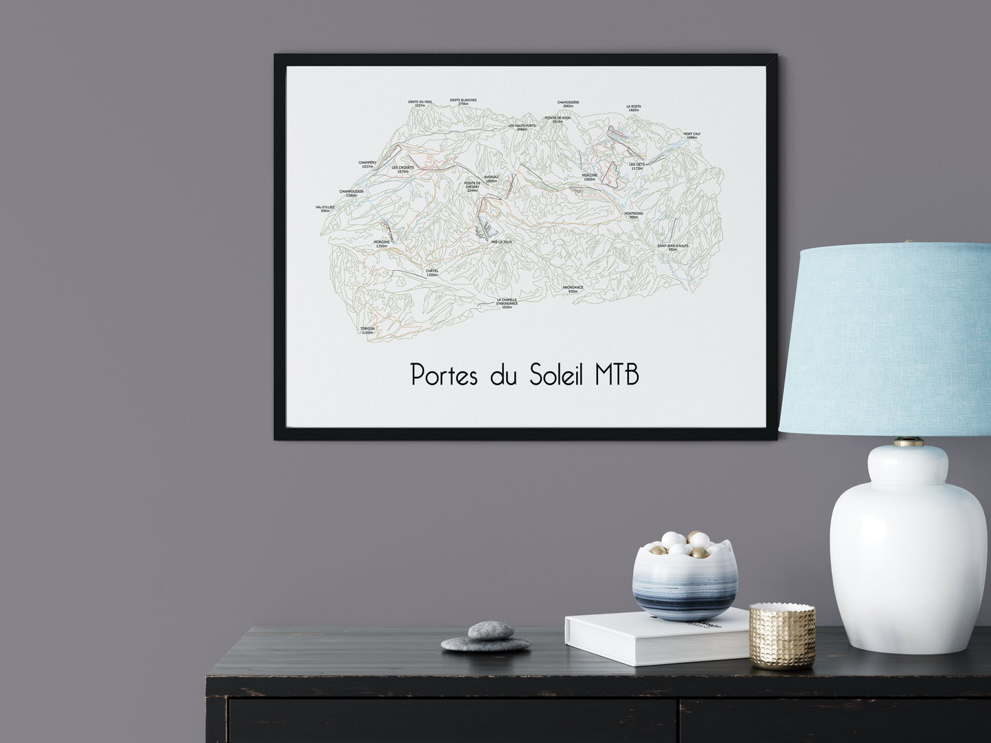 Portes du Soleil MTB Bike Area Trail Map Poster/Print lamp