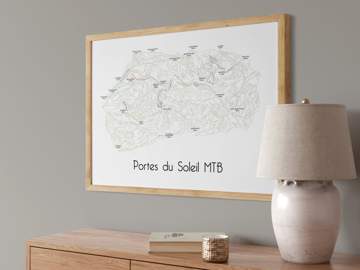 Portes du Soleil MTB Bike Area Trail Map Poster/Print angled