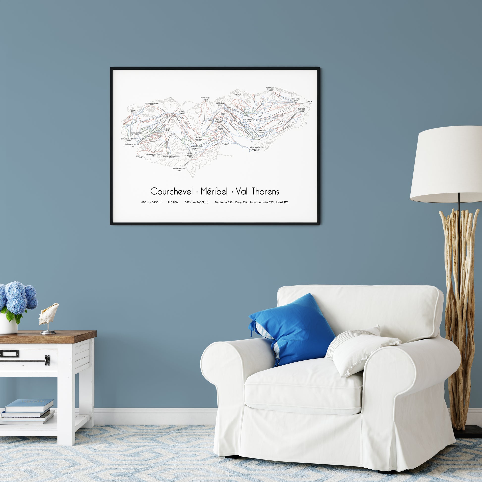 3 Valleys ski art print on blue wall