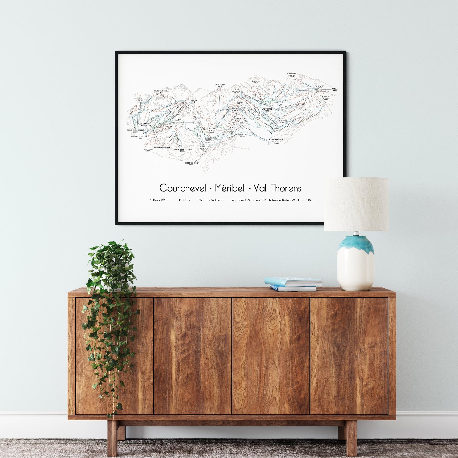 3 valleys ski art print over sideboard