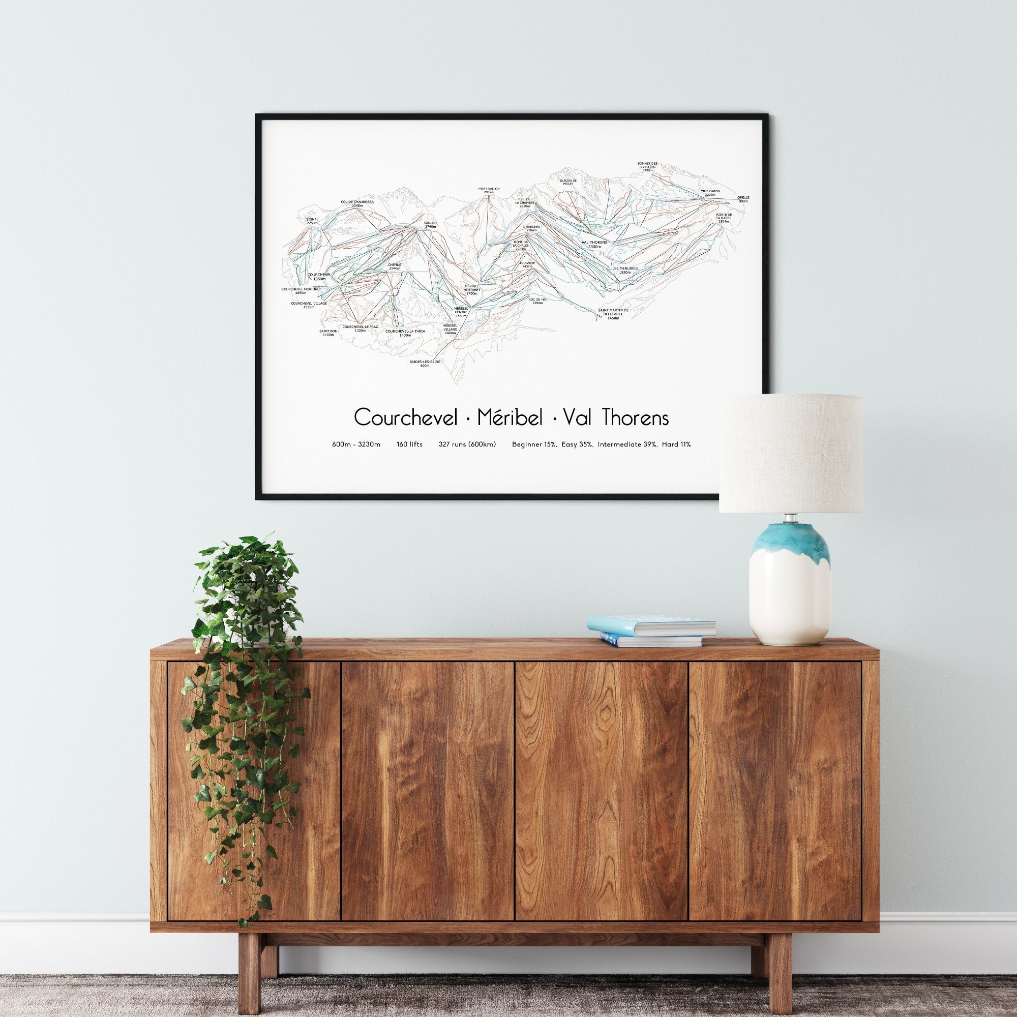 3 valleys ski art print over sideboard