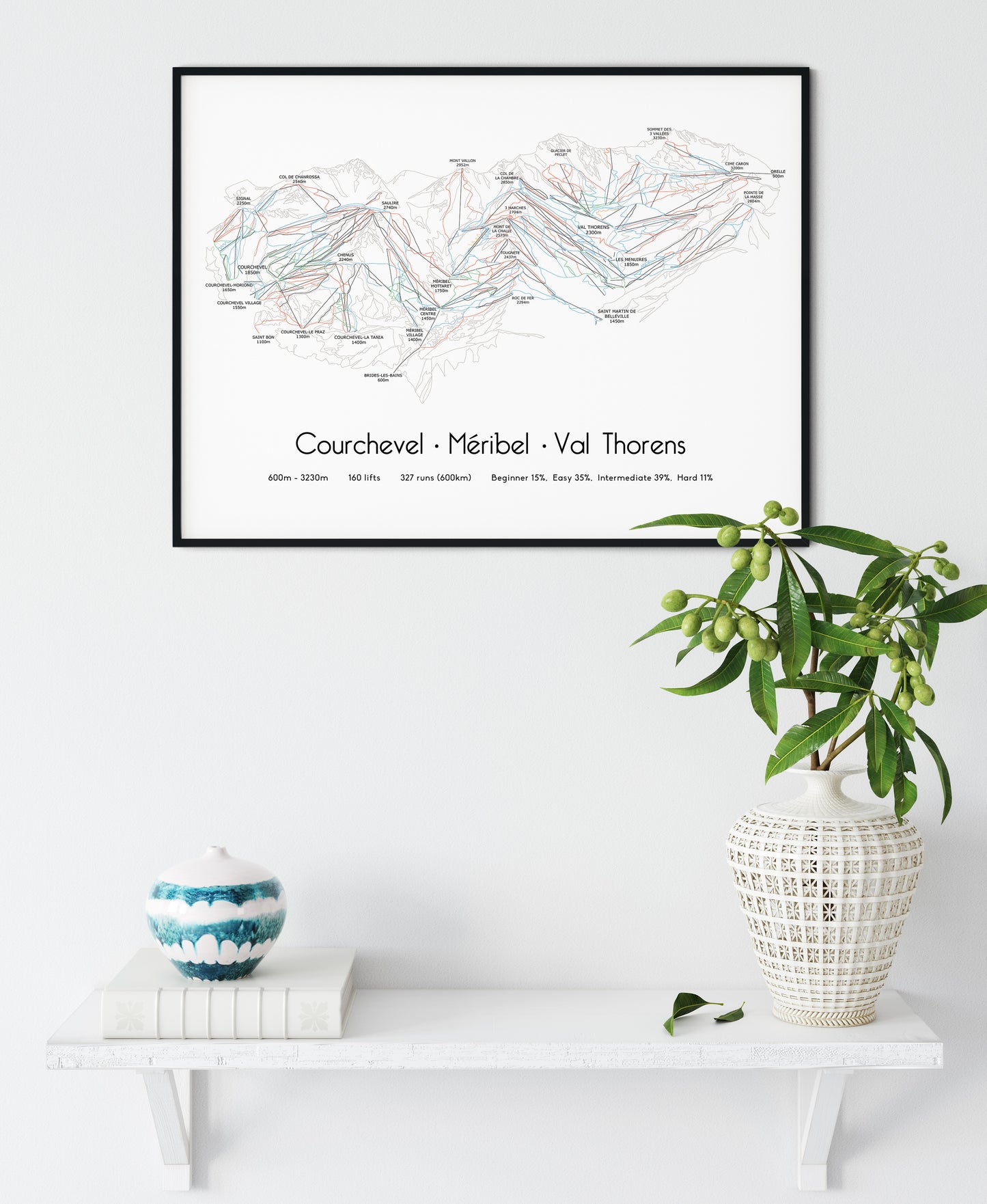 3 valley ski art print on white wall