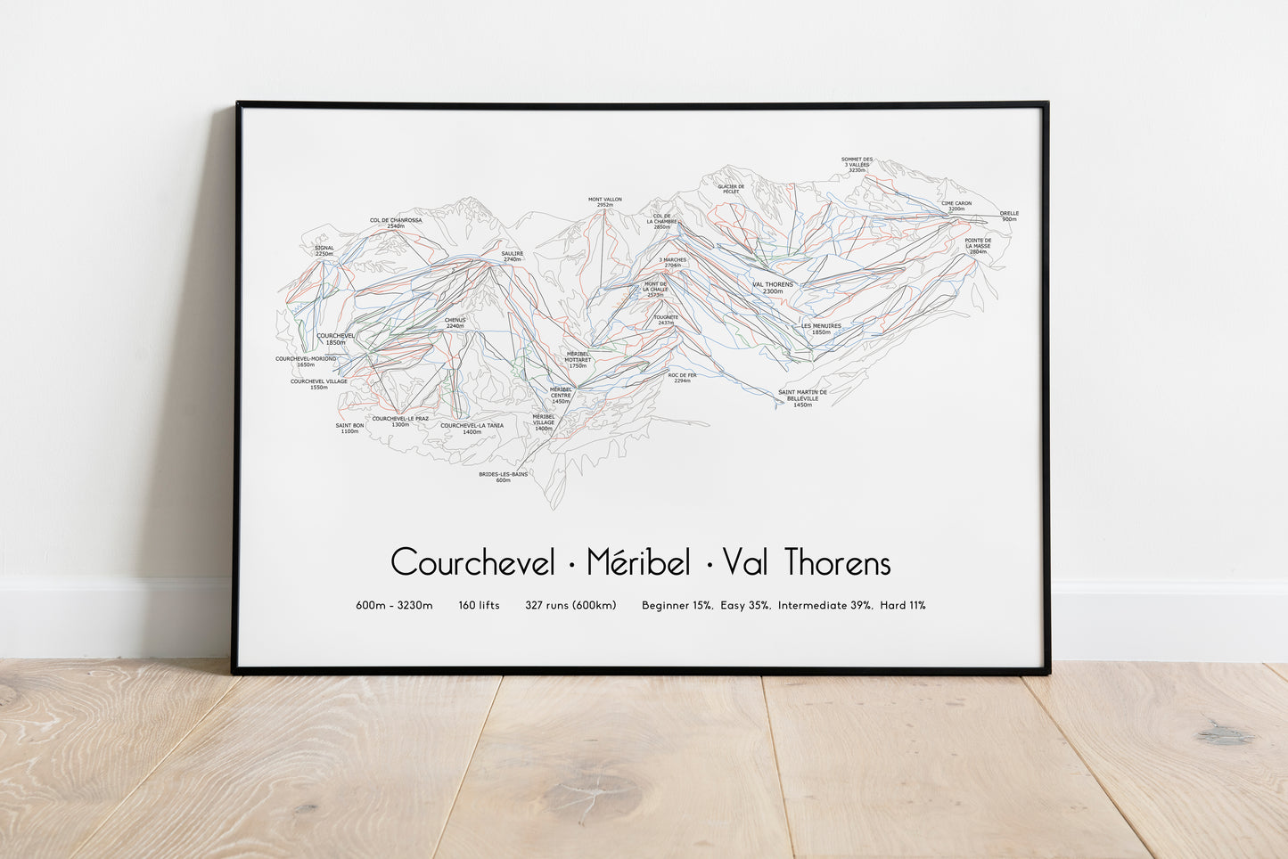 3 Valleys ski art print in a black frame