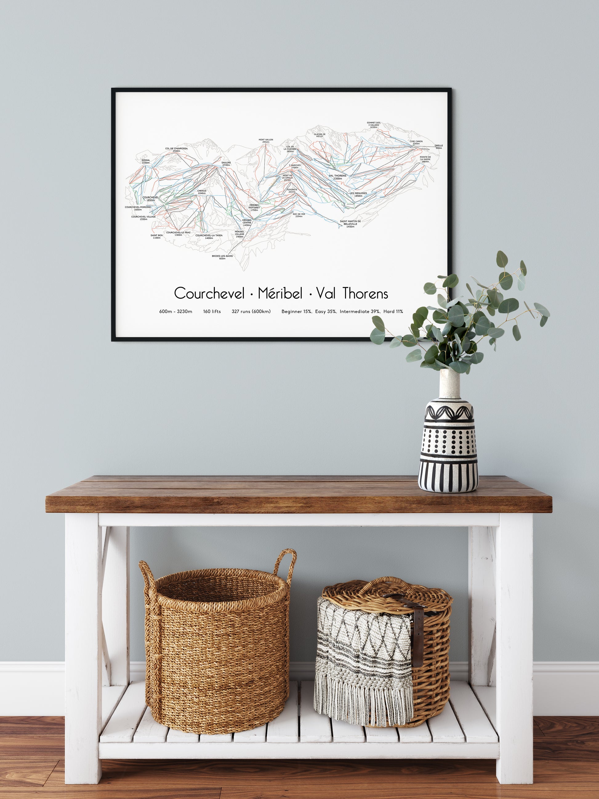 3 valleys ski art print on grey wall