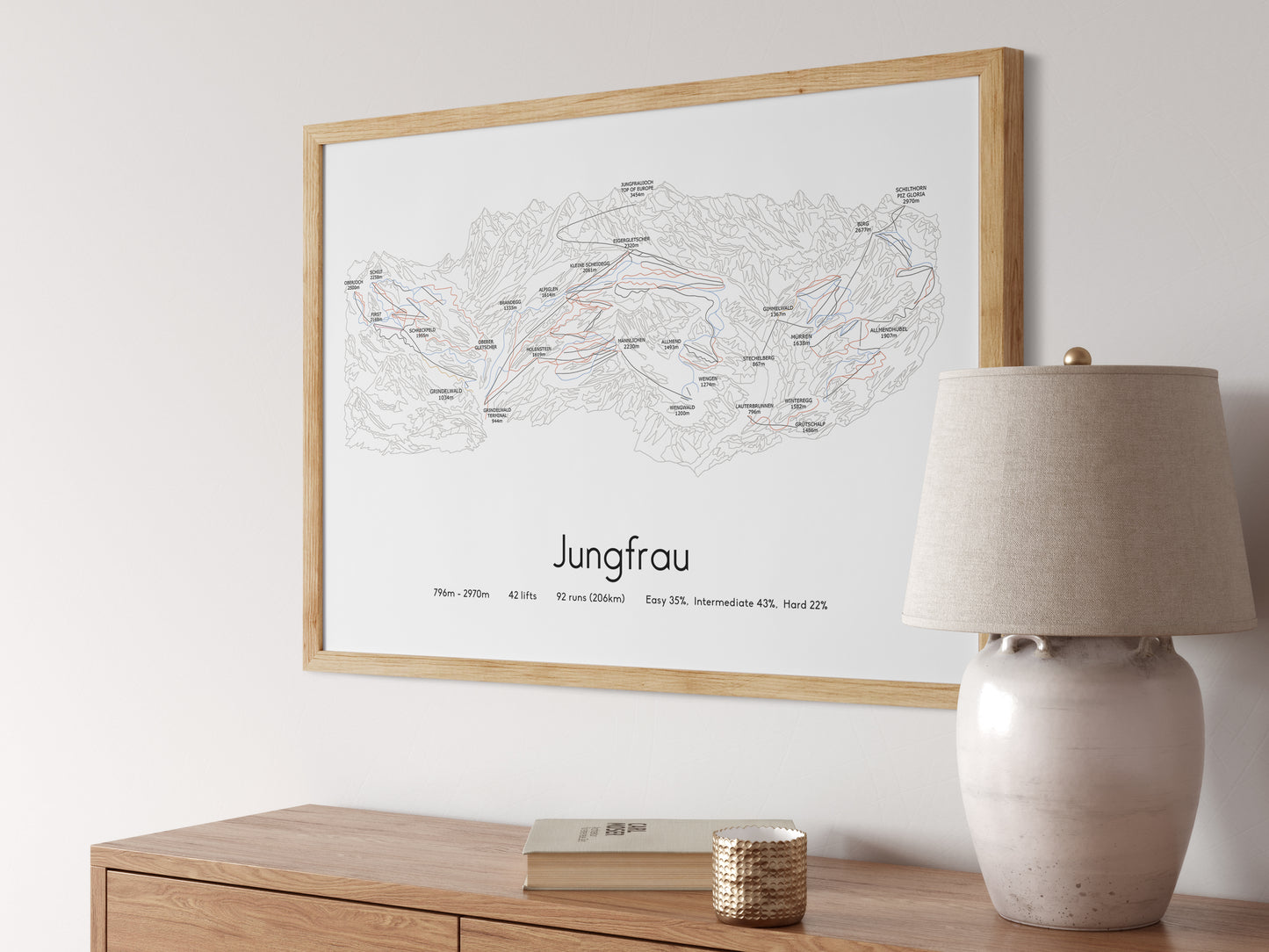 Jungfrau piste map art print angled