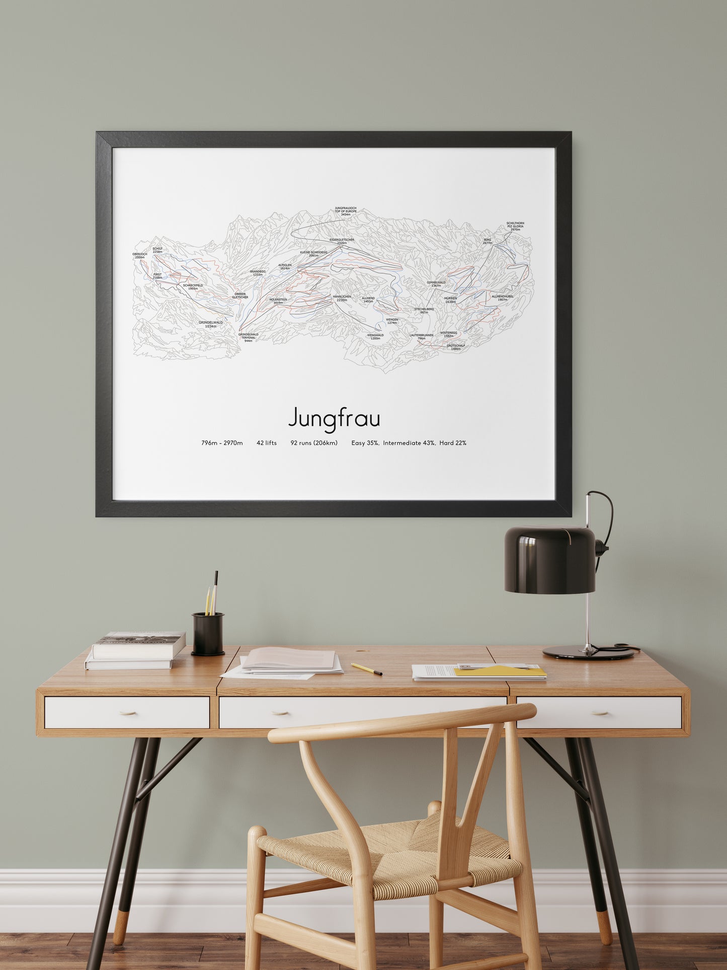 Jungfrau piste map art print desk