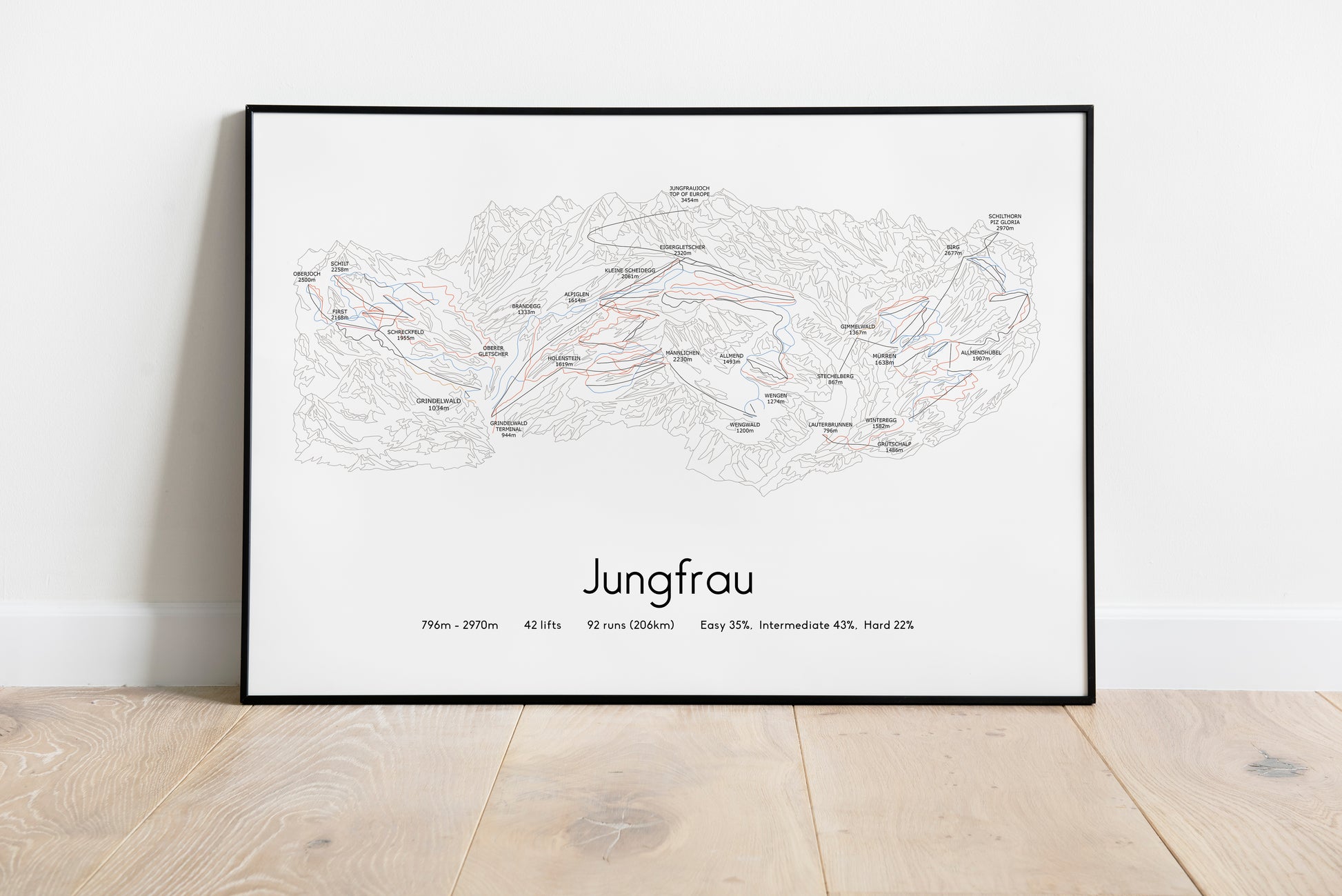 Jungfrau piste map art print black frame