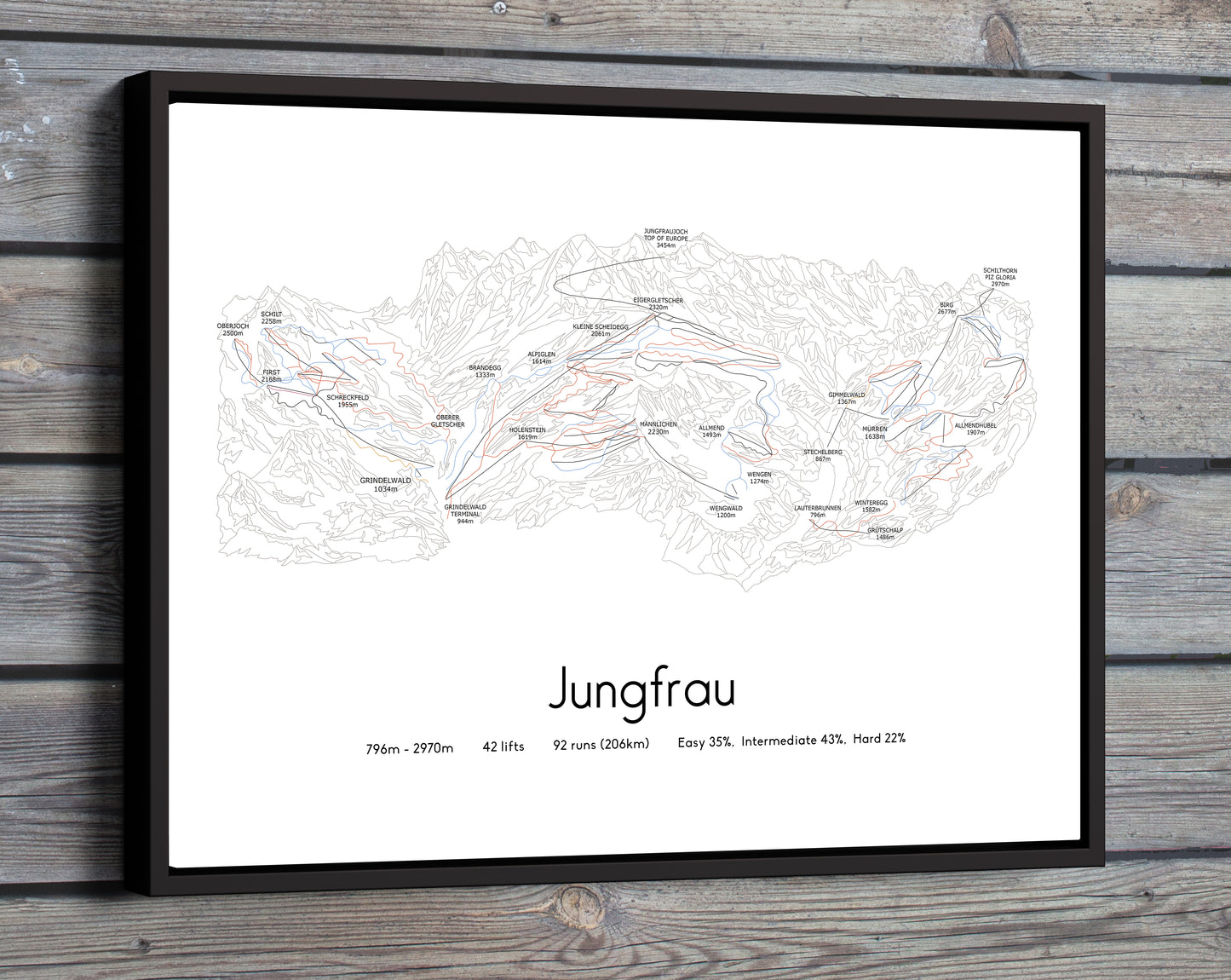 Jungfrau piste map art print wooden wall
