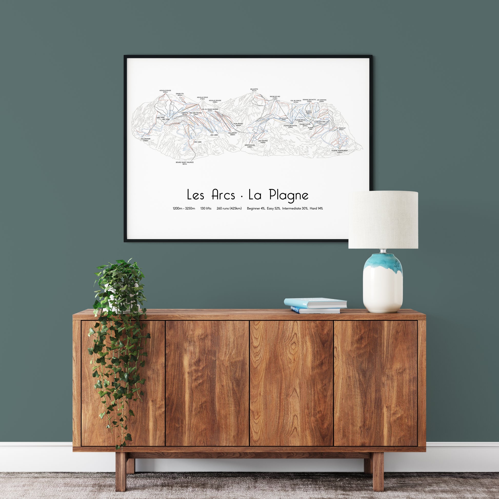 Les Arcs La Plagne ski art print on green wall