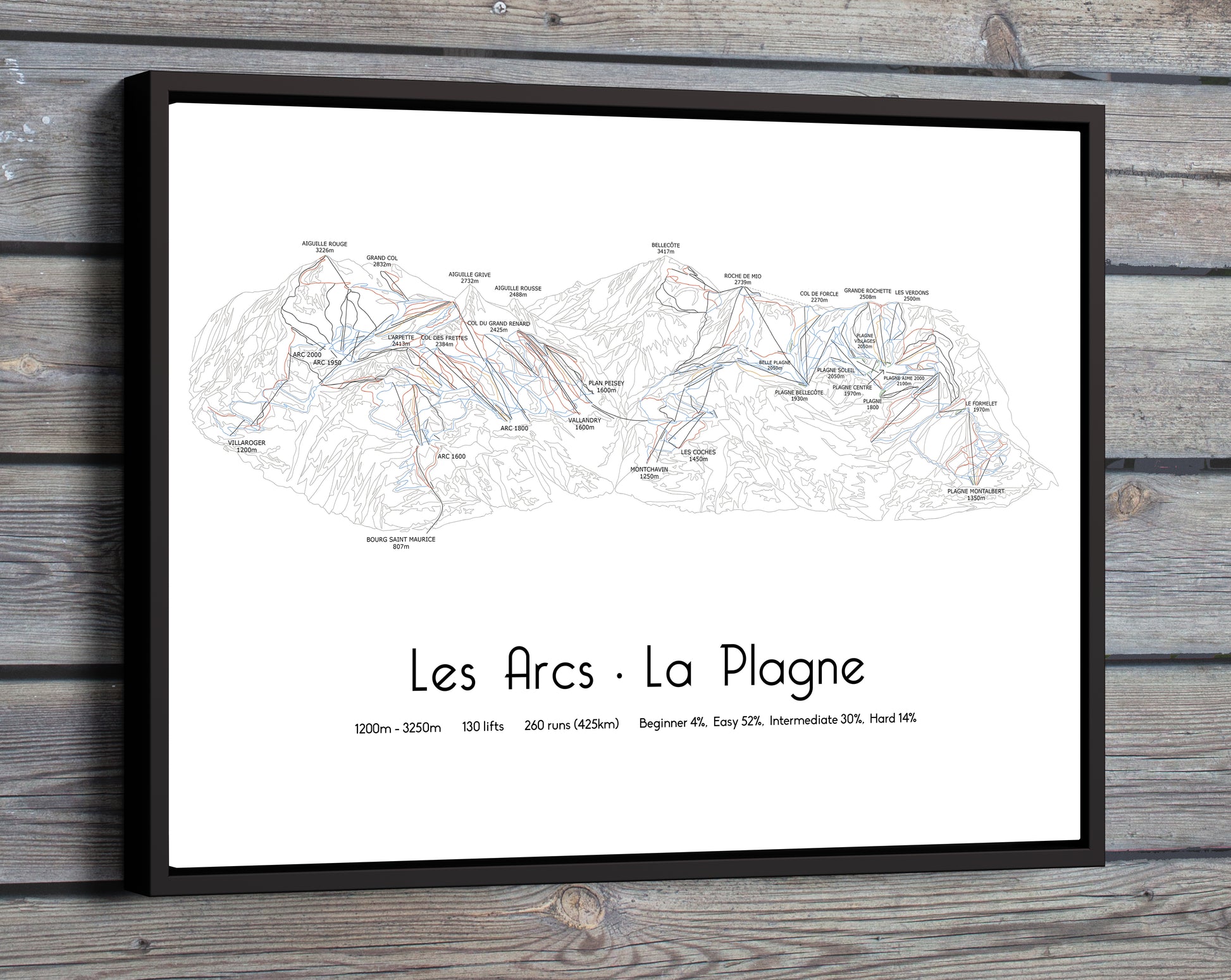 Les Arcs La Plagne ski art print on wooden wall