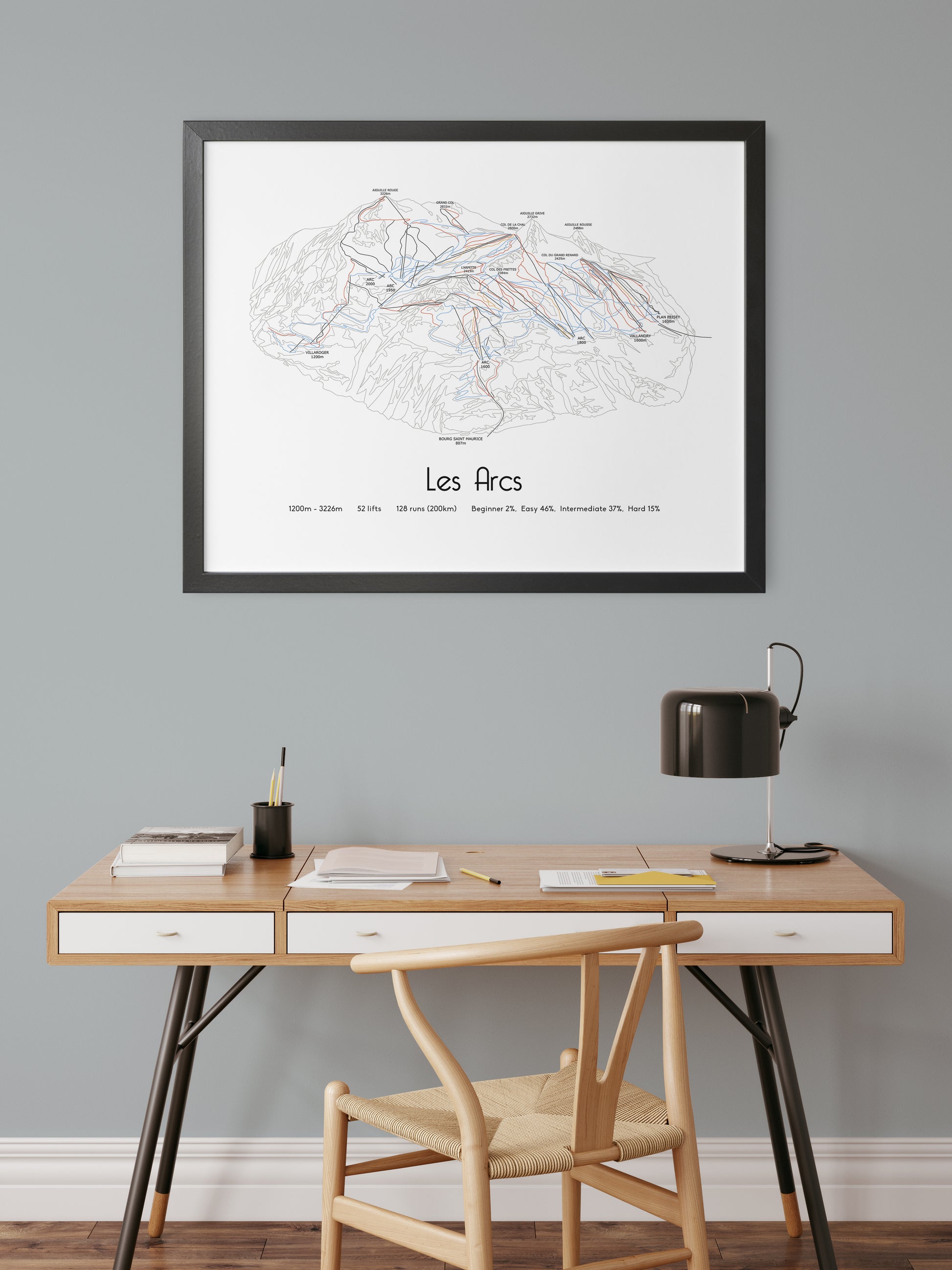 les arc ski art print over desk