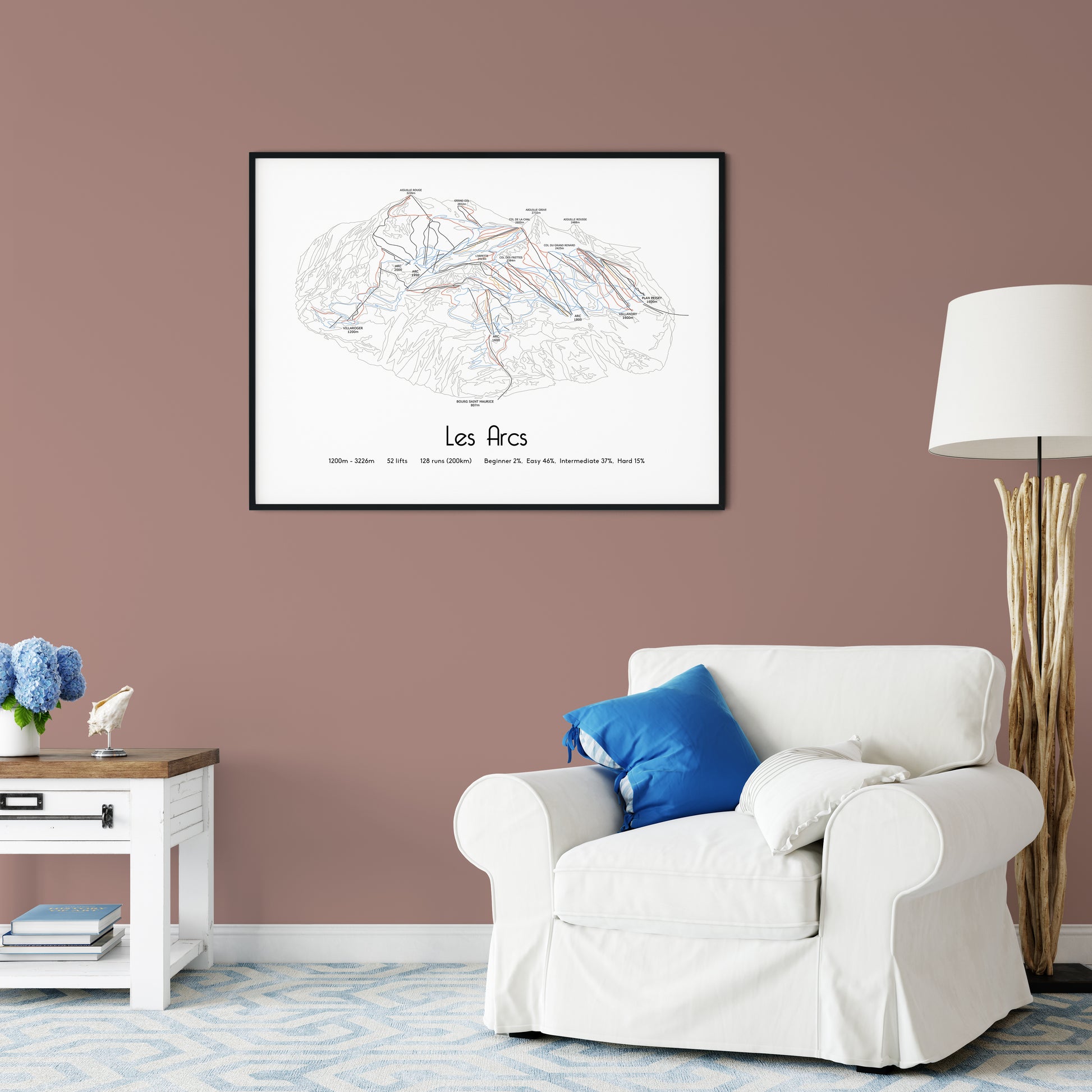 les arc ski art print on pink wall