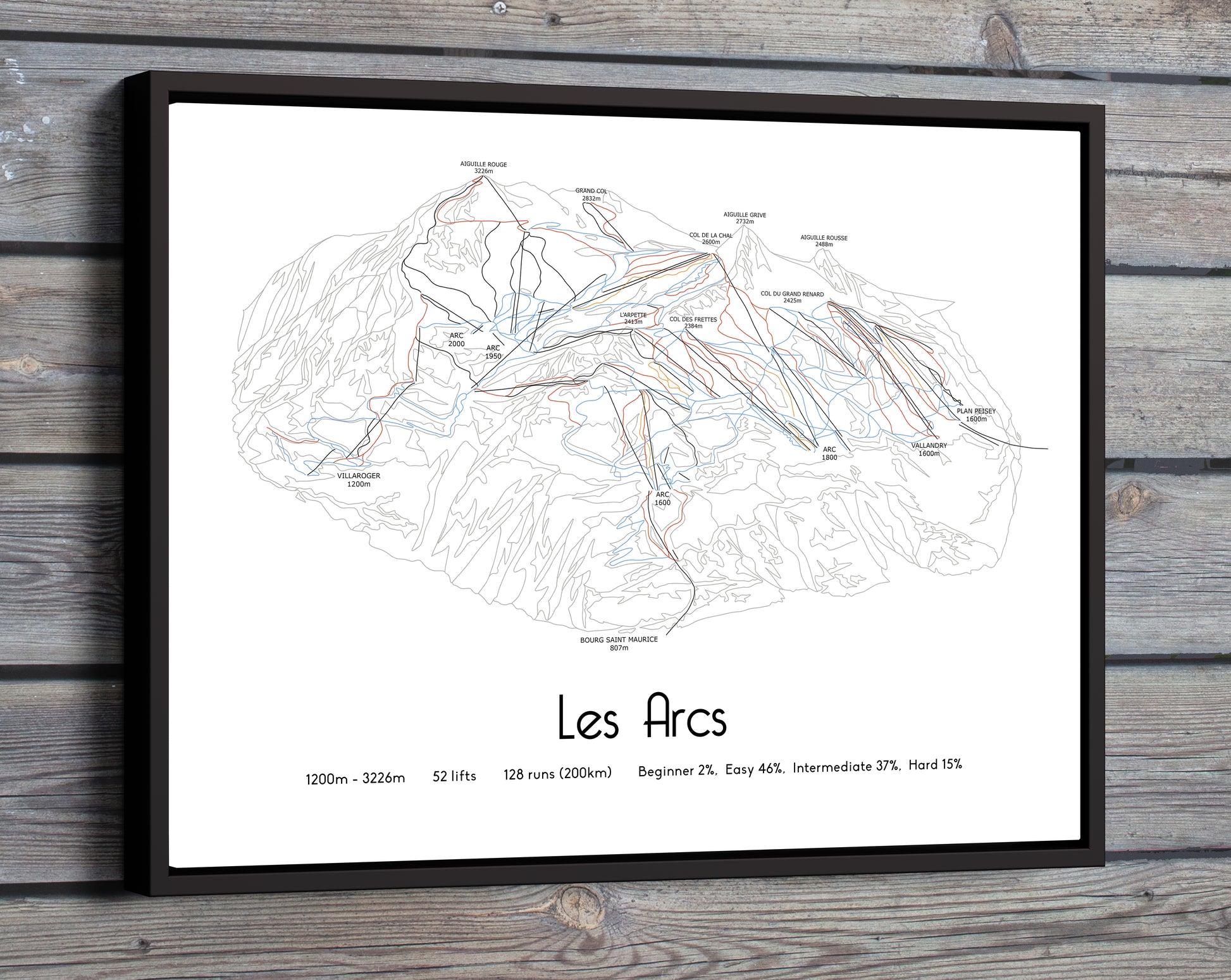 les arc ski art print on wooden wall