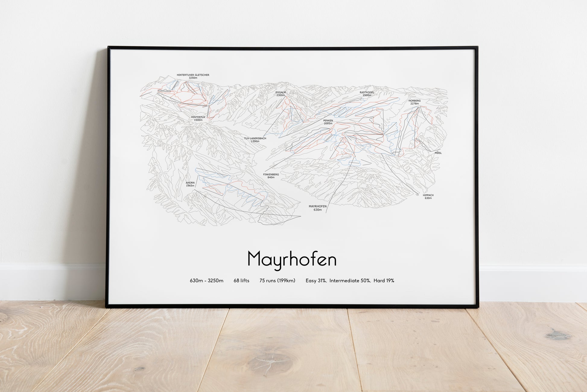 mayrhofen ski art print in black frame