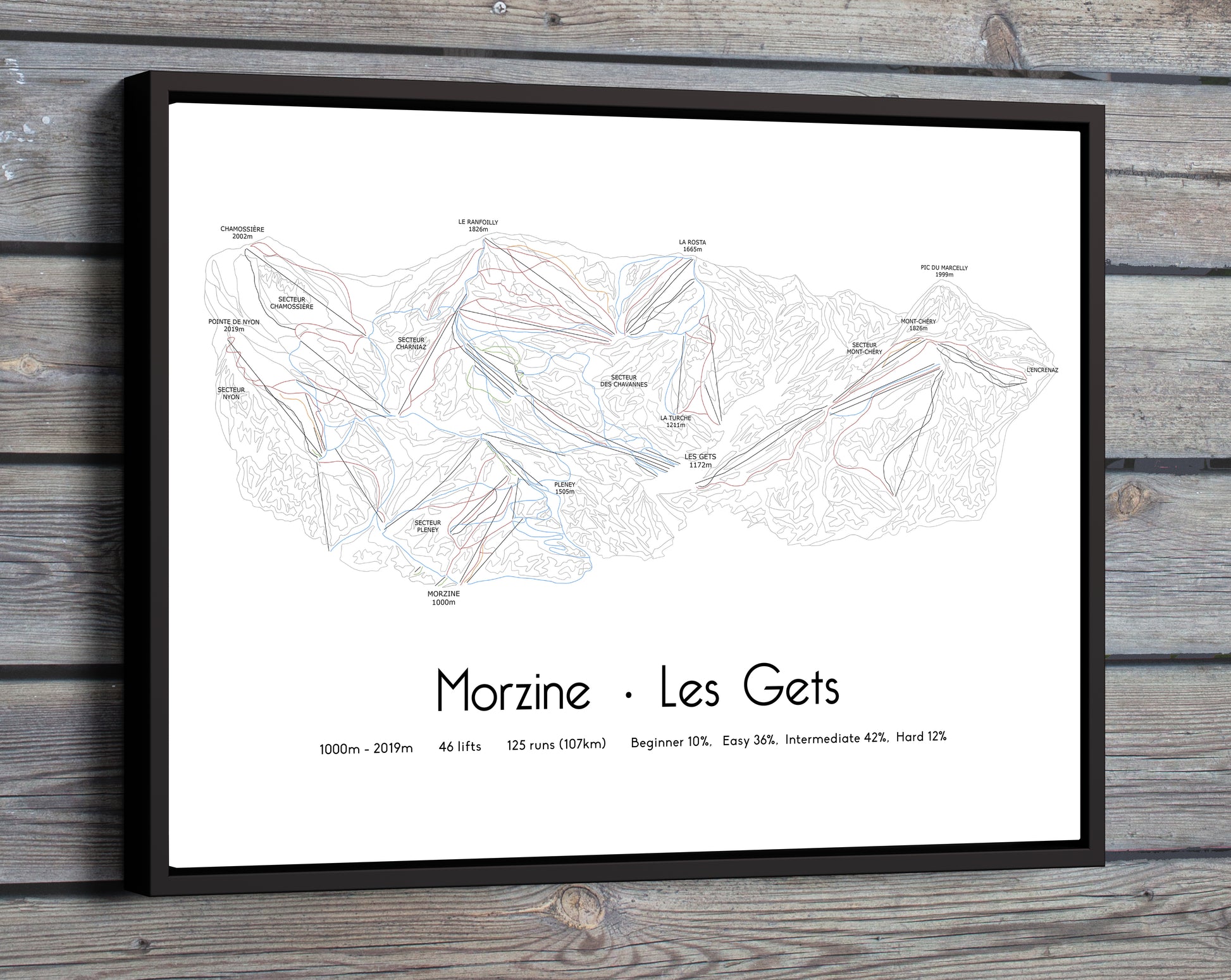 Morzine Les Gets ski art print on wooden wall