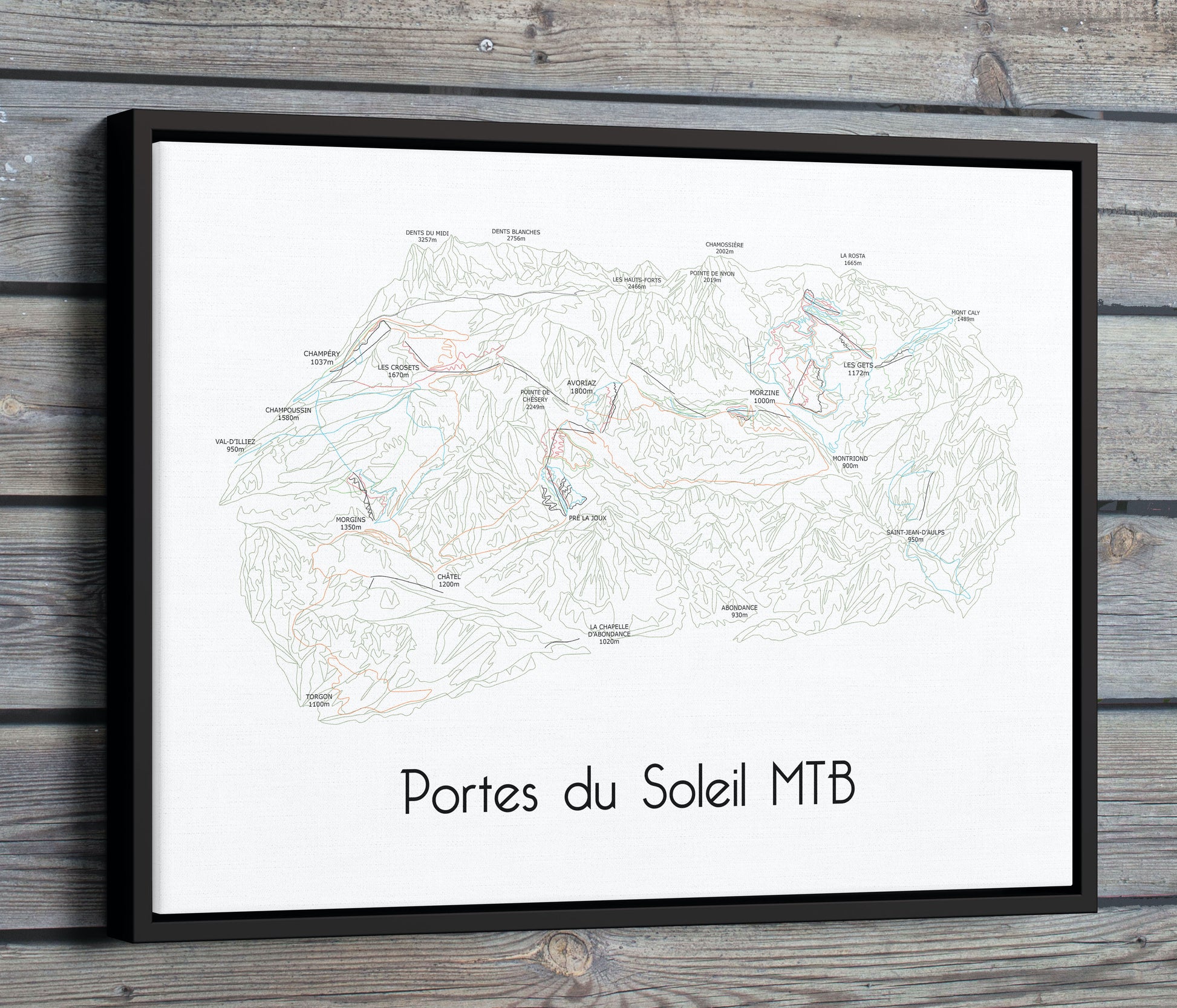 Portes du Soleil MTB Bike Area Trail Map Poster/Print wood